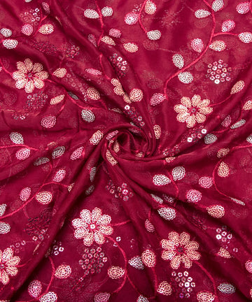 Maroon Colour Floral Embroidery Pure Viscose Organza Silk Fabric